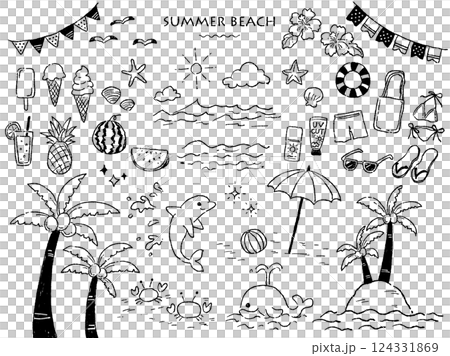 ラフな手描きタッチの夏のビーチセット(モノクロ線画) 124331869
