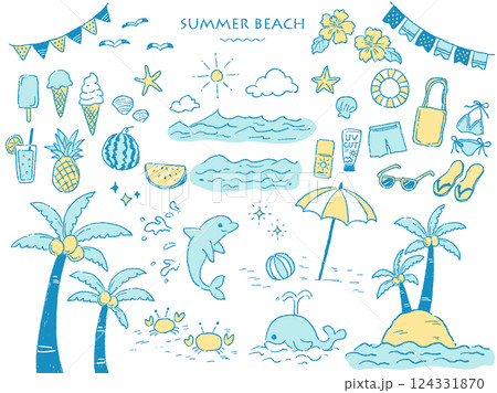 ラフな手描きタッチの夏のビーチセット(イエロー×水色) 124331870
