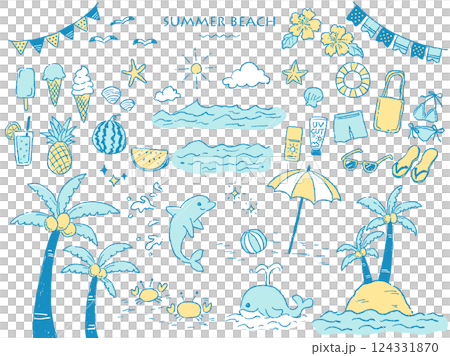 ラフな手描きタッチの夏のビーチセット(イエロー×水色) 124331870