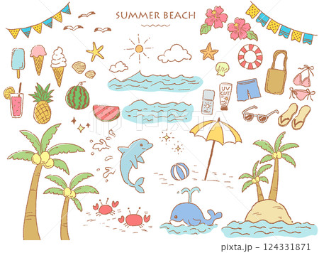 ラフな手描きタッチの夏のビーチセット(カラー) 124331871