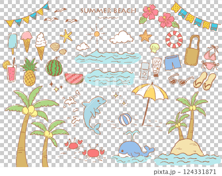 ラフな手描きタッチの夏のビーチセット(カラー) 124331871