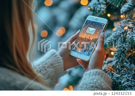 クリスマスにスマホを操作する女性 124332153