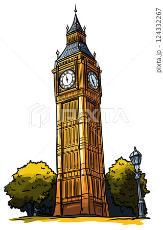 Vector comic hand-drawn illustration of Big Ben. Big Ben in London 124332267