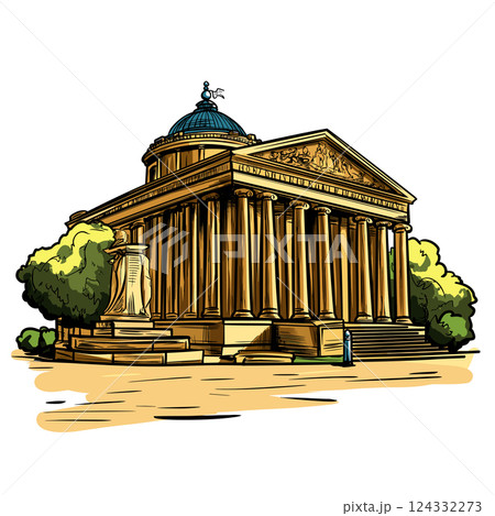 Vector comic hand-drawn illustration of British Museum. British Museum in London Vector comic hand-drawn illustration of British Museum. British Museum in London 124332273