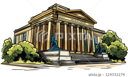 Vector comic hand-drawn illustration of British Museum. British Museum in London Vector comic hand-drawn illustration of British Museum. British Museum in London 124332274