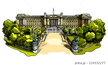 Vector comic hand-drawn illustration of Buckingham palace. Buckingham palace in London Vector comic hand-drawn illustration of Buckingham palace. Buckingham palace in London 124332277