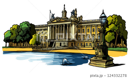 Vector comic hand-drawn illustration of Buckingham palace. Buckingham palace in London Vector comic hand-drawn illustration of Buckingham palace. Buckingham palace in London 124332278