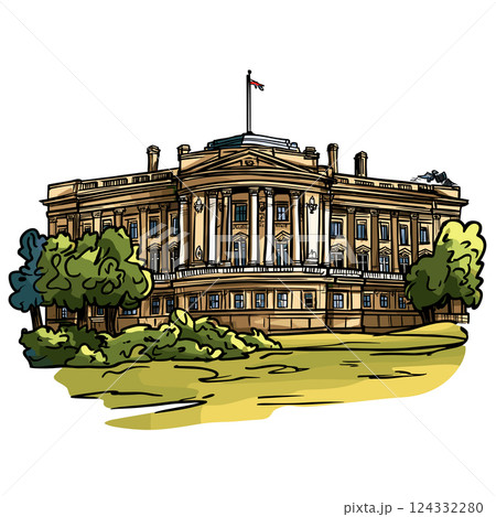 Vector comic hand-drawn illustration of Buckingham palace. Buckingham palace in London Vector comic hand-drawn illustration of Buckingham palace. Buckingham palace in London 124332280