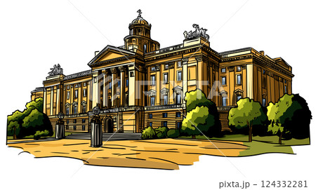 Vector comic hand-drawn illustration of Buckingham palace. Buckingham palace in London Vector comic hand-drawn illustration of Buckingham palace. Buckingham palace in London 124332281
