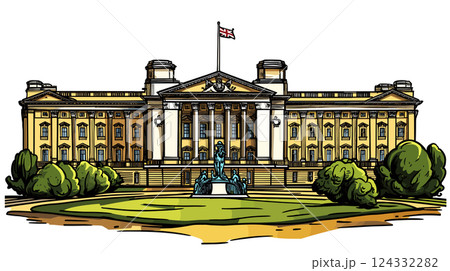Vector comic hand-drawn illustration of Buckingham palace. Buckingham palace in London Vector comic hand-drawn illustration of Buckingham palace. Buckingham palace in London 124332282