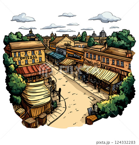 Vector comic hand-drawn illustration of Camden market. Camden market in London Vector comic hand-drawn illustration of Camden market. Camden market in London 124332283