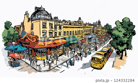 Vector comic hand-drawn illustration of Camden market. Camden market in London Vector comic hand-drawn illustration of Camden market. Camden market in London 124332284