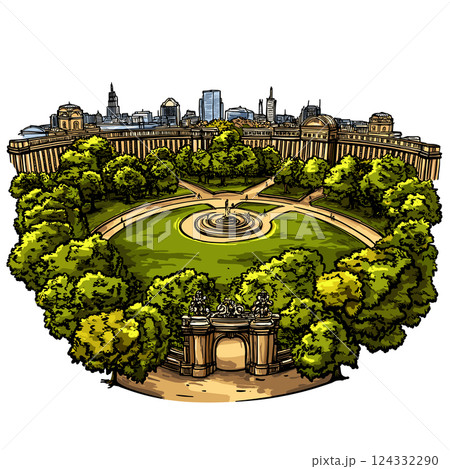 Vector comic hand-drawn illustration of Hyde Park. Hyde Park in London Vector comic hand-drawn illustration of Hyde Park. Hyde Park in London 124332290