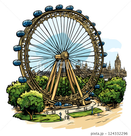 Vector comic hand-drawn illustration of London Eye. London Eye in London 124332296