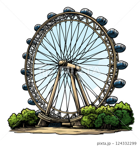 Vector comic hand-drawn illustration of London Eye. London Eye in London 124332299