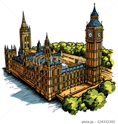 Vector comic hand-drawn illustration of Palace of Westminster. Palace of Westminster in London Vector comic hand-drawn illustration of Palace of Westminster. Palace of Westminster in London 124332305