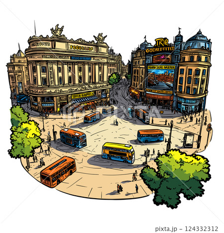 Vector comic hand-drawn illustration of Piccadilly Circus. Piccadilly Circus in London 124332312