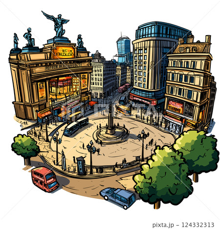 Vector comic hand-drawn illustration of Piccadilly Circus. Piccadilly Circus in London 124332313