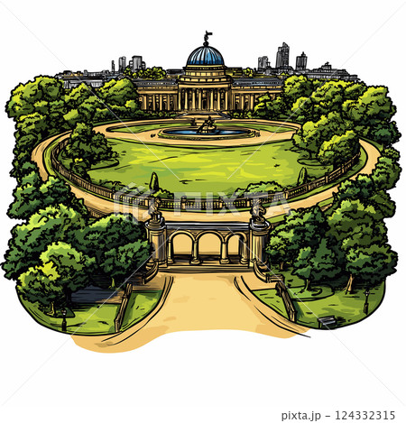 Vector comic hand-drawn illustration of Regents Park. Regent's Park in London Vector comic hand-drawn illustration of Regents Park. Regent's Park in London 124332315