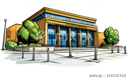 Vector comic hand-drawn illustration of Tate Modern gallery. Tate Modern in London Vector comic hand-drawn illustration of Tate Modern gallery. Tate Modern in London 124332328