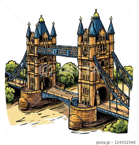 Vector comic hand-drawn illustration of Tower Brigde. Tower Brigde in London 124332340