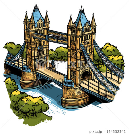 Vector comic hand-drawn illustration of Tower Brigde. Tower Brigde in London Vector comic hand-drawn illustration of Tower Brigde. Tower Brigde in London 124332341