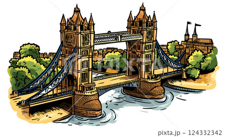 Vector comic hand-drawn illustration of Tower Brigde. Tower Brigde in London Vector comic hand-drawn illustration of Tower Brigde. Tower Brigde in London 124332342