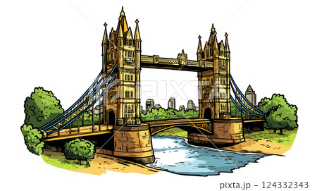 Vector comic hand-drawn illustration of Tower Brigde. Tower Brigde in London Vector comic hand-drawn illustration of Tower Brigde. Tower Brigde in London 124332343