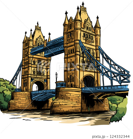 Vector comic hand-drawn illustration of Tower Brigde. Tower Brigde in London 124332344