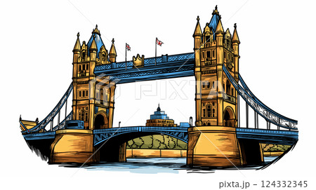 Vector comic hand-drawn illustration of Tower Brigde. Tower Brigde in London Vector comic hand-drawn illustration of Tower Brigde. Tower Brigde in London 124332345
