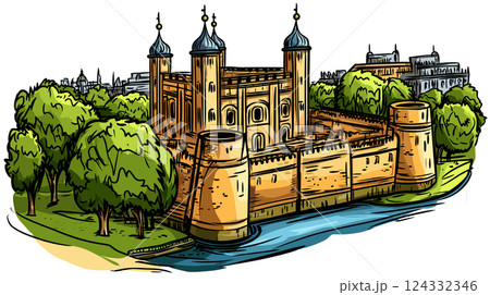 Vector comic hand-drawn illustration of Tower of London. Tower of London Vector comic hand-drawn illustration of Tower of London. Tower of London 124332346