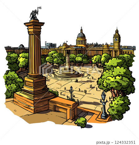 Vector comic hand-drawn illustration of Trafalgar Square. Trafalgar Square in London 124332351