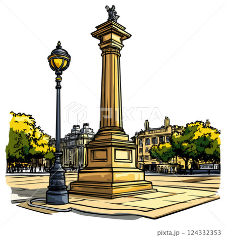 Vector comic hand-drawn illustration of Trafalgar Square. Trafalgar Square in London 124332353