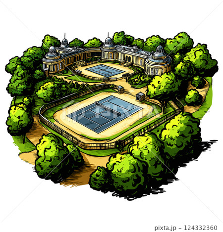 Vector comic hand-drawn illustration of Wimbledon Tennis Complex. Wimbledon Tennis Complex in London 124332360