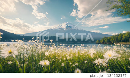 白い花畑と富士山のある風景 124332575