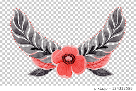 Half round composition with feather in folk style. Stylized illustration in red and gray colors for wedding invitation creating. Hand drawn arrangement is perfect for romantic and love designs. Half round composition with feather in folk style. Stylized illustration in red and gray colors for wedding invitation creating. Hand drawn arrangement is perfect for romantic and love designs. 124332589