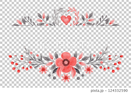 Horizontal border with flower and copy space in folk style. Stylized illustration in red and gray colors for wedding invitation. Hand drawn composition is perfect for romantic and love card design. 124332590