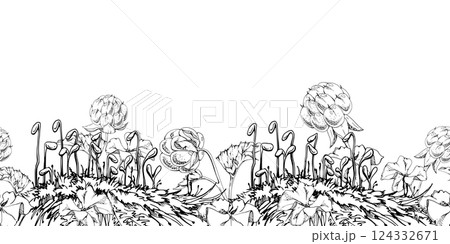 Cloudberry raspberry in moss grass, hand drawn vector ink, forest berry in group clusters on stems. Seamless banner garland illustration, for restaurant, dessert cafe menu, wedding, farmers market 124332671