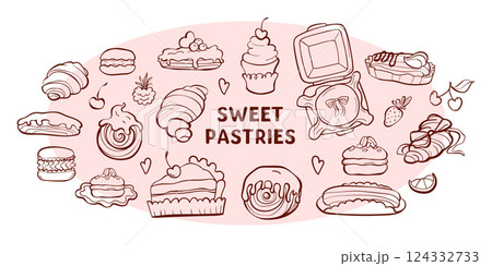 Set of sweet pastries in doodle style. Sketch collection desserts and bakery products. Variety of sweets croissants, pastries, eclairs and cakes. For bakery, cafe, shop. Hand drawn vector illustration Set of sweet pastries in doodle style. Sketch collection desserts and bakery products. Variety of sweets croissants, pastries, eclairs and cakes. For bakery, cafe, shop. Hand drawn vector illustration 124332733