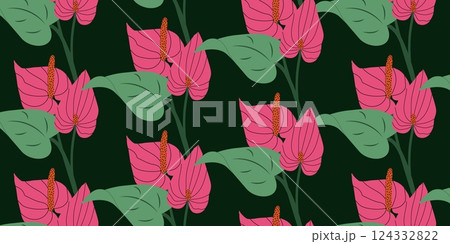 Seamless tropical pattern with Anthurium and green leaves. Elegant botanical dark background with pink flowers. Modern vector illustration for fashion print, wallpaper, fabric, wrapping paper Seamless tropical pattern with Anthurium and green leaves. Elegant botanical dark background with pink flowers. Modern vector illustration for fashion print, wallpaper, fabric, wrapping paper 124332822