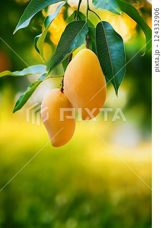 Close-up of yellow mango tree branch with two mangoes against green background. Bokeh effect 124332906