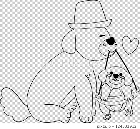 Father's Day Dog Dad Put on a hat and Baby in flat design outline style Father's Day Dog Dad Put on a hat and Baby in flat design outline style 124332912
