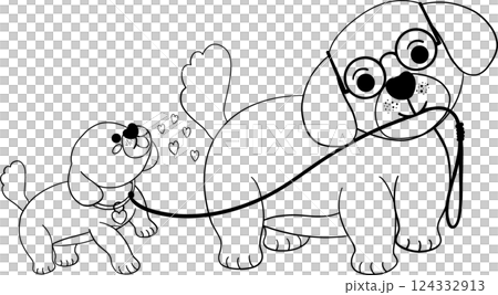 Father's Day Dog and Baby Father leads puppy in flat design outline style Father's Day Dog and Baby Father leads puppy in flat design outline style 124332913