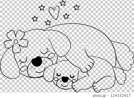 Mother's Day dog mom hugs her puppy cartoon illustration in flat design outline style Mother's Day dog mom hugs her puppy cartoon illustration in flat design outline style 124332917