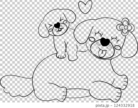 Mother's Day dog puppy rides on mother's back in flat design outline style Mother's Day dog puppy rides on mother's back in flat design outline style 124332918