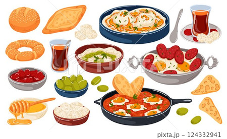Traditional Turkish breakfast food simit, tea, cilbir, egg, sucuk, menemen, pogaca, bread in cartoon style. Middle eastern cuisine for restaurant menu, cafe, bakery isolated on a white background. 124332941