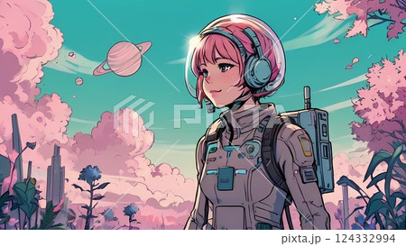 レトロイメージ　宇宙服を着たピンクの髪の少女がいるイラスト 124332994