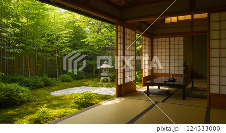 和室から眺める四季の日本庭園 124333000