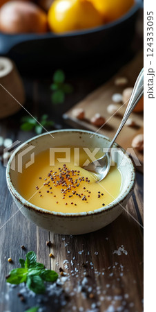 Creamy butternut squash soup garnished with honey and nigella seeds 124333095