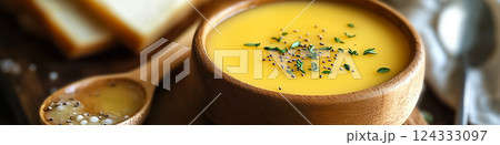 Creamy butternut squash soup garnished with honey and nigella seeds 124333097